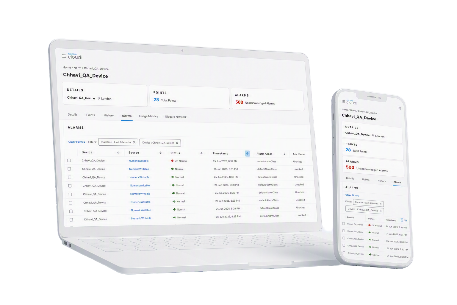 Niagara Cloud alarms screen shown on a laptop and phone mockup